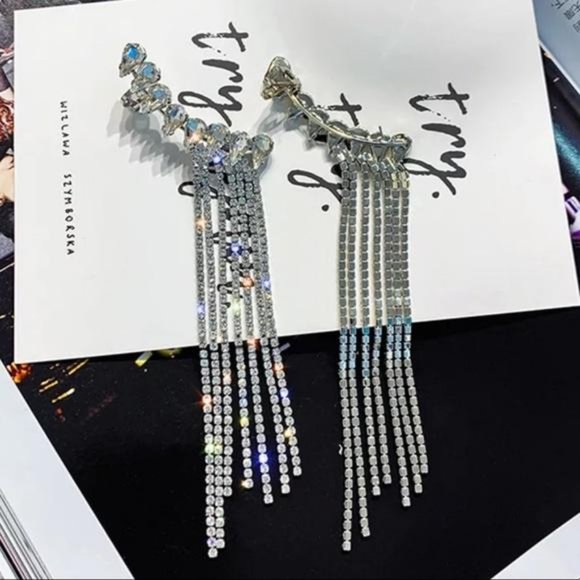 LONG TASSEL STERLING SILVER DIAMOND DROP EARRINGS - Picture 5 of 6